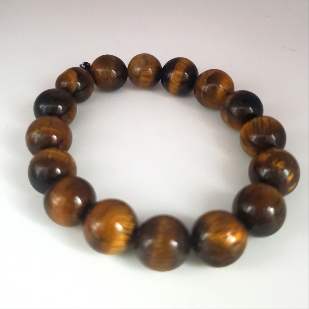 Unisex Tiger's Eye Beaded Stretch Bracelet Polished Shiny Brown Hues Spiritual